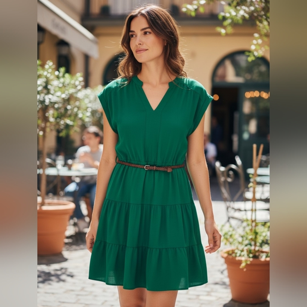 💥Monteau Los Angeles Green Short Sleeve Tiered Dress